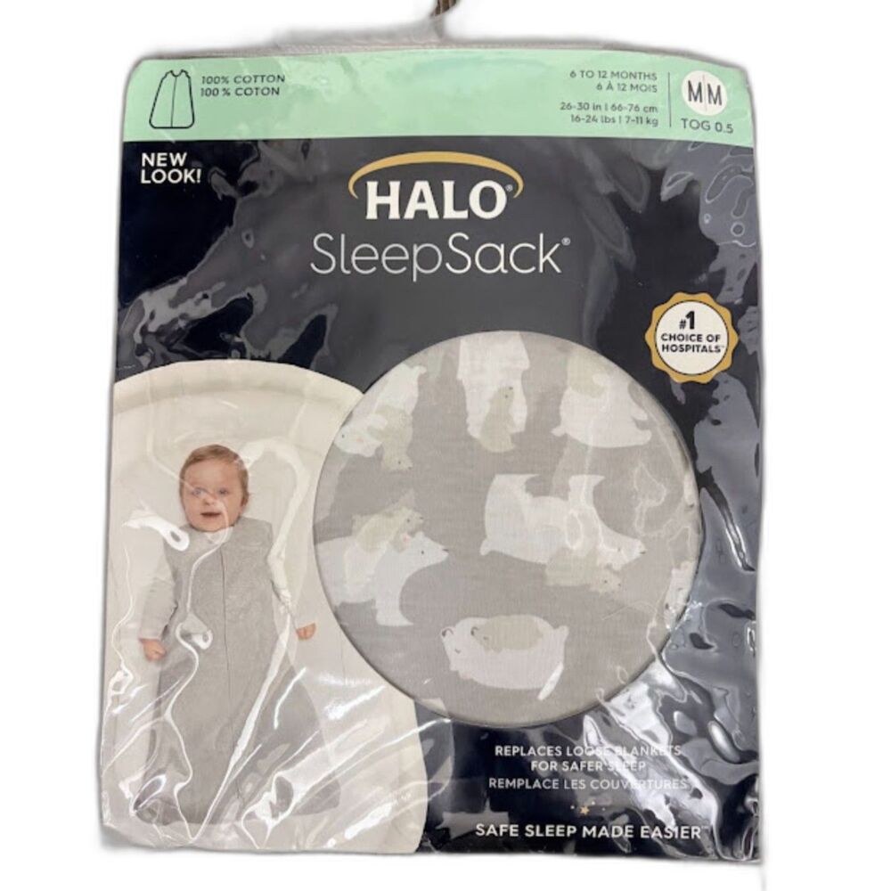 HALO SleepSack Baby M 6-12M Gray White Bear Print Cotton Wearable Blanket NIP